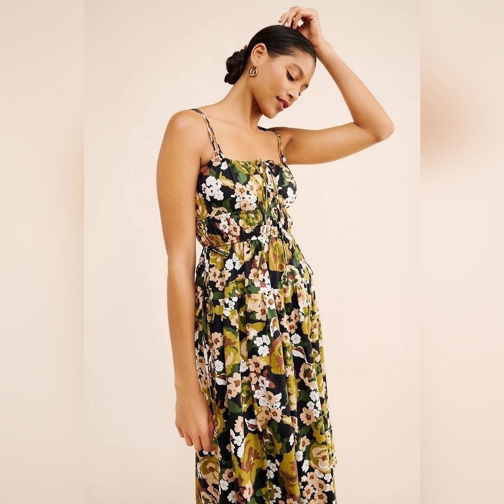 Anthropologie Moon River Floral Print Shirred Midi Dress
